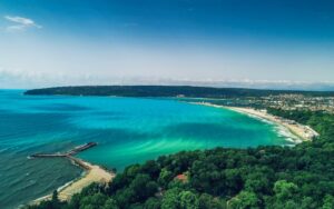 Varna coastline in Bulgaria shows turquoise ocean and sandy beaches