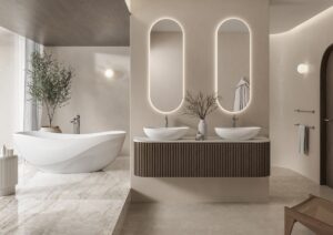 bathroom in taupe with white freestanding assymetrical seros bath, basins and mirrors