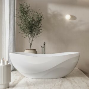 olive tree, marble floor and free standing sculpted Seros bath