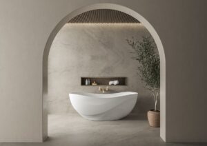 The Seros sculptured free standing bath framed by and arch