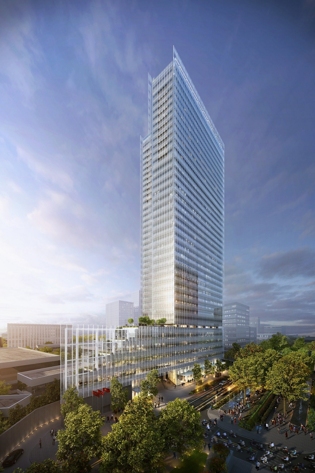 Một tòa nhà cao tầng lớn có mặt tiền bằng kính minh họa hình dáng của Khách sạn Nobu mới và tòa nhà hỗn hợp ở Thành phố Hồ Chí Minh, dự kiến ​​hoàn thành vào năm 2026.