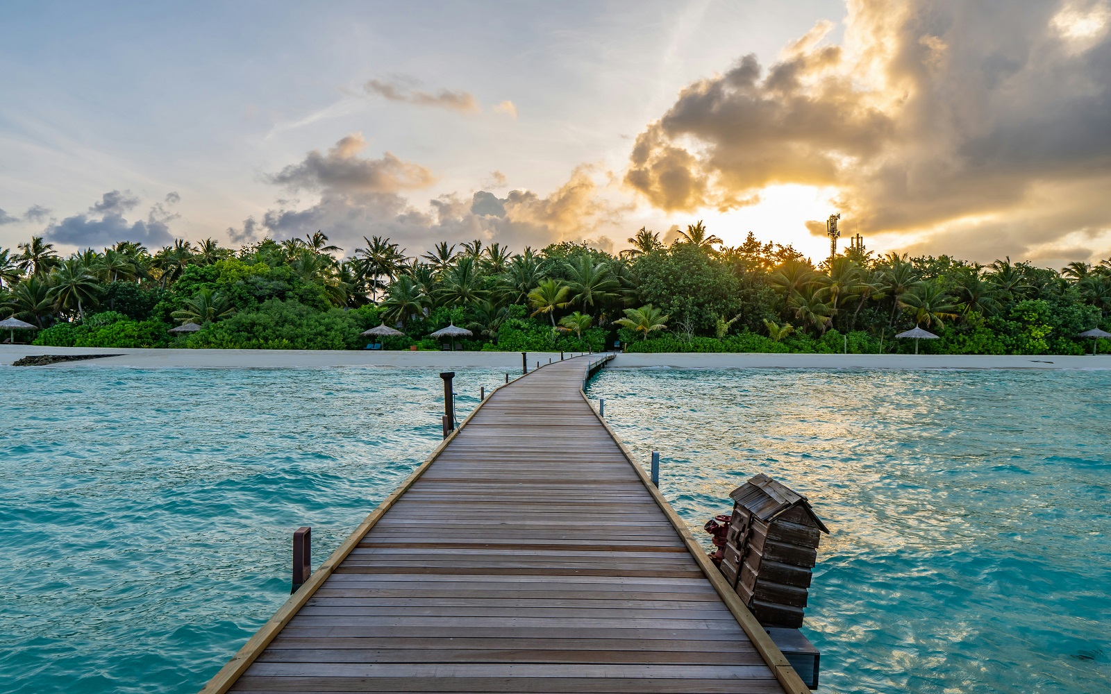 A wooden jetty leading to a tropical island in the Maldives