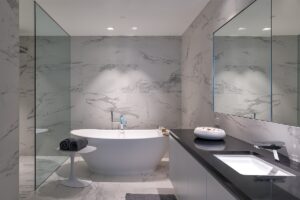 white and marble bathroom design in One Thousand Museum Miami