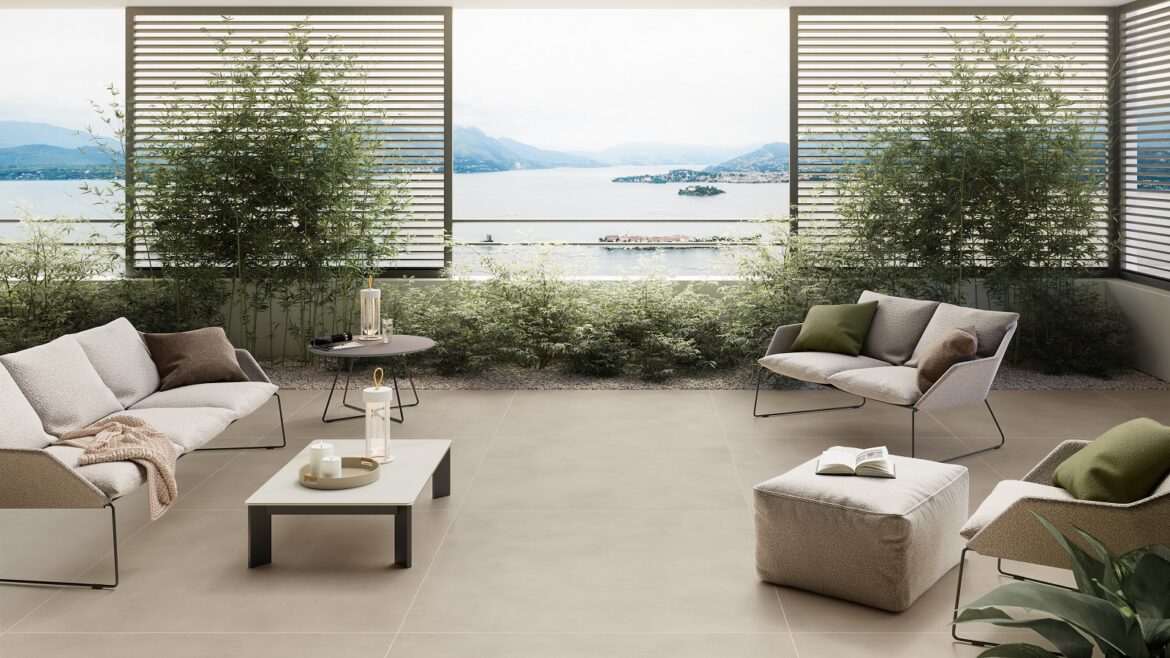 tiled outdoor floor with view across bay and islands