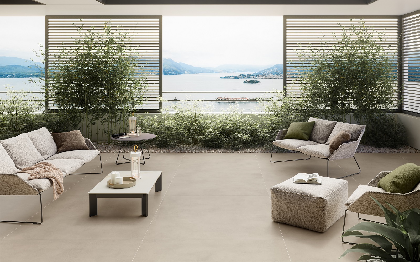 tiled outdoor floor with view across bay and islands