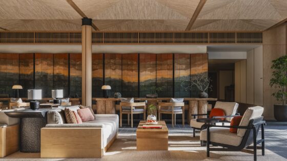 lounge area with panelled wall in Six Senses Kyoto