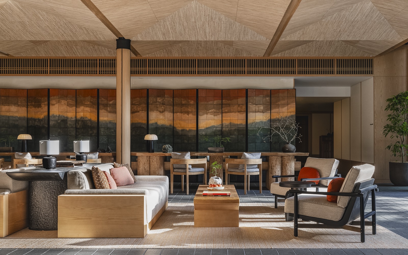 lounge area with panelled wall in Six Senses Kyoto