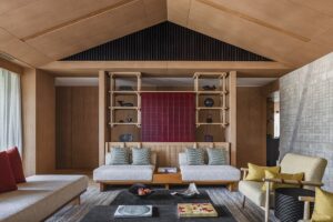 seating beneath pitched roof in suite at Six Senses Kyoto