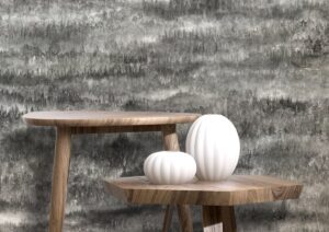 Cedar wallcovering behind wooden table and ceramic ornament