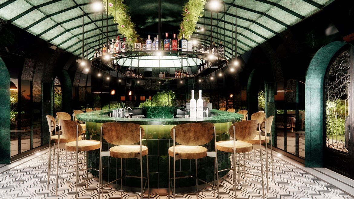 circular central bar under glass domed roof in Kimpton Budapest