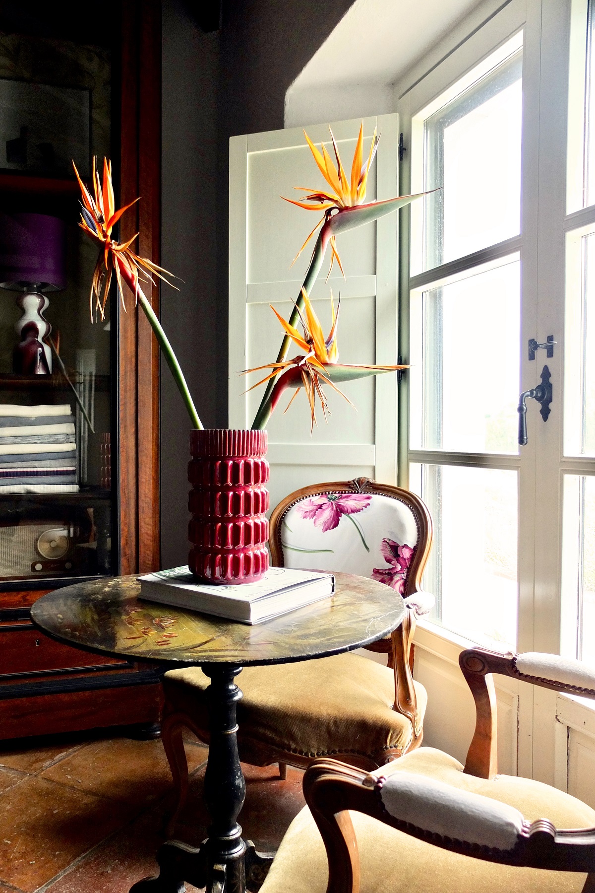eclectic vintage furniture and bird of paradise flowers in a corner of Finca la Gloria
