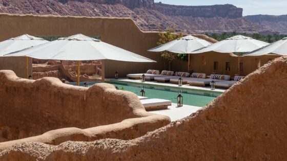 mud walls, pool and mountains in AlUla