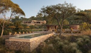 swimming pool with stone surround in Kenyan landscape