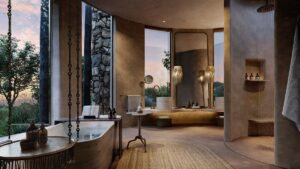 render of bathroom at Suyian Lodge with views across the veld