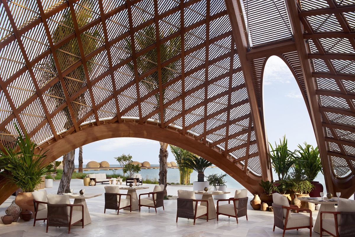 The new wooden domed restaurant at Nujuma with sea views