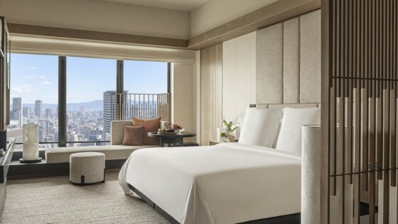 guestroom with view across Osaka in four Seasons Hotel Osaka