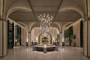 entrance and lobby with vaulted ceiling and statement chandelier in Dubai