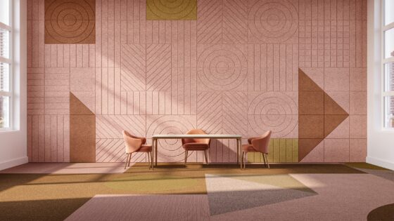 pink and mustard coloured wall panel installation from Tarkett and BAUX