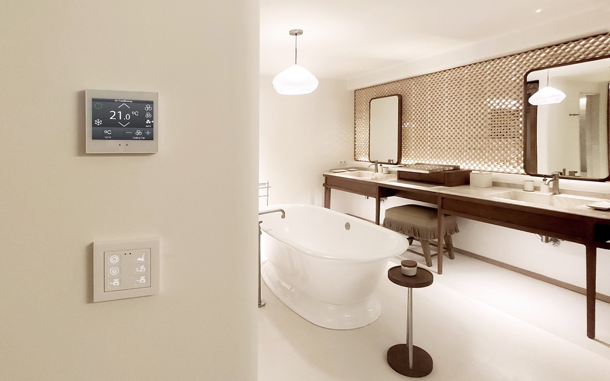 A guest bathroom at Six Senses Ibiza showing a Zennio control system