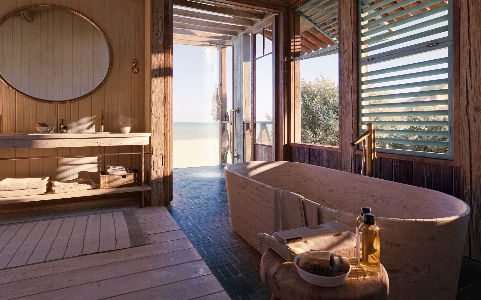 freestanding bath with windows and doors open onto deck and outdoors