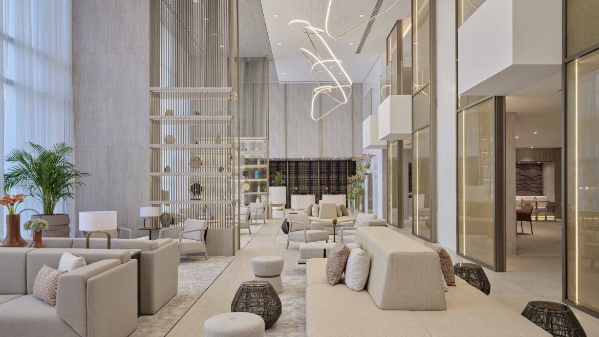 white and cream lobby and seating area in ihg arabella beach resort