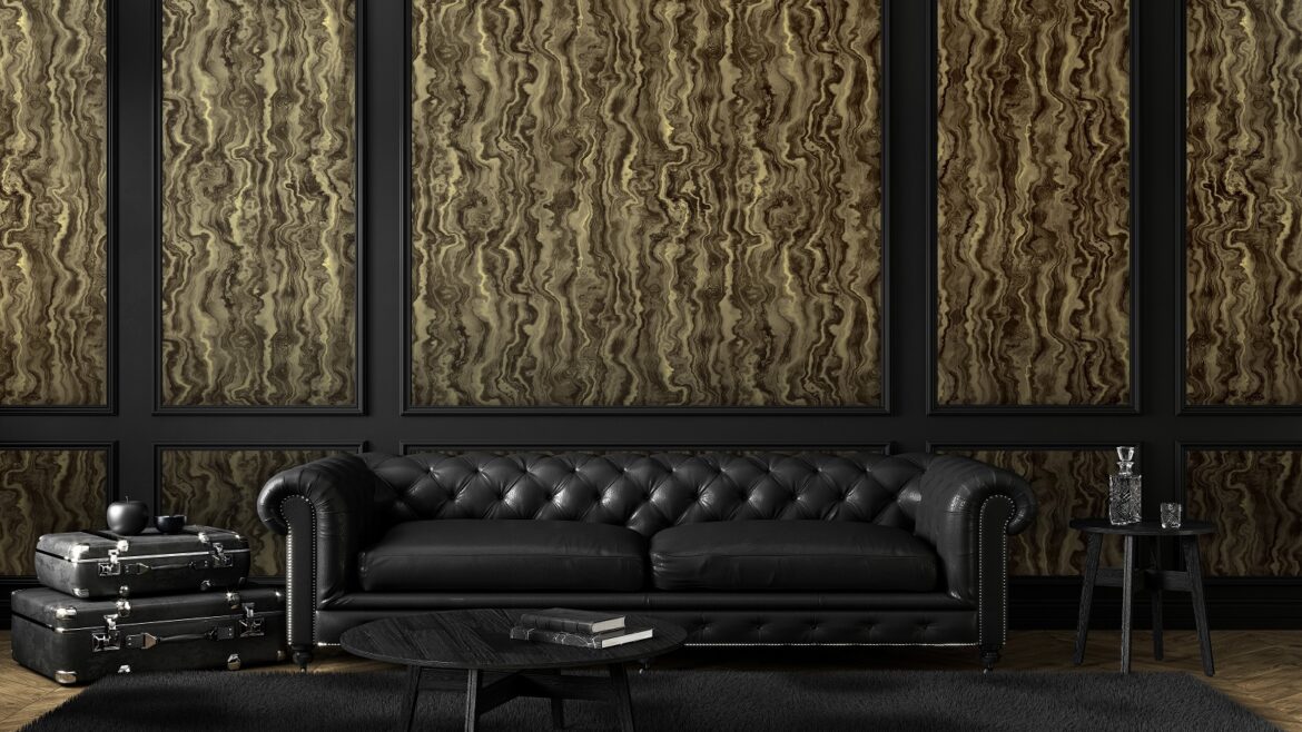 room set with black sofa in front of marbelised marmour wallcovering from Newmor