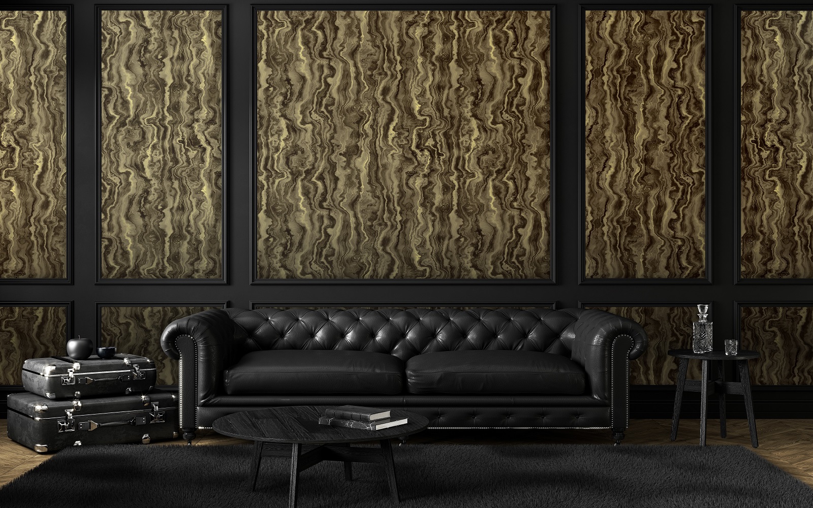 room set with black sofa in front of marbelised marmour wallcovering from Newmor