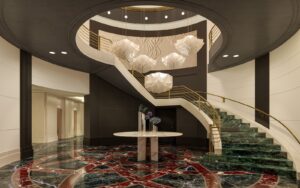 sweeping staircase and statement lighting in sofitel New York