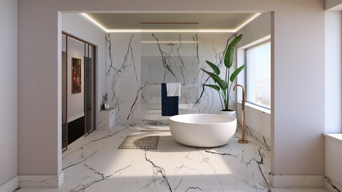 round central bath in marble zen bathroom