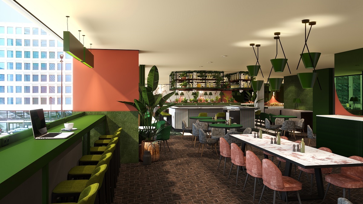 bright green and orange interior in Gritto restaurant in Cardo Brussels