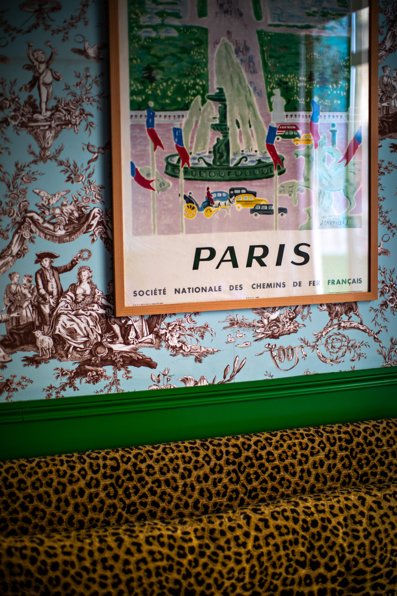 patterned wallpaper, leopard print and a vintage paris poster