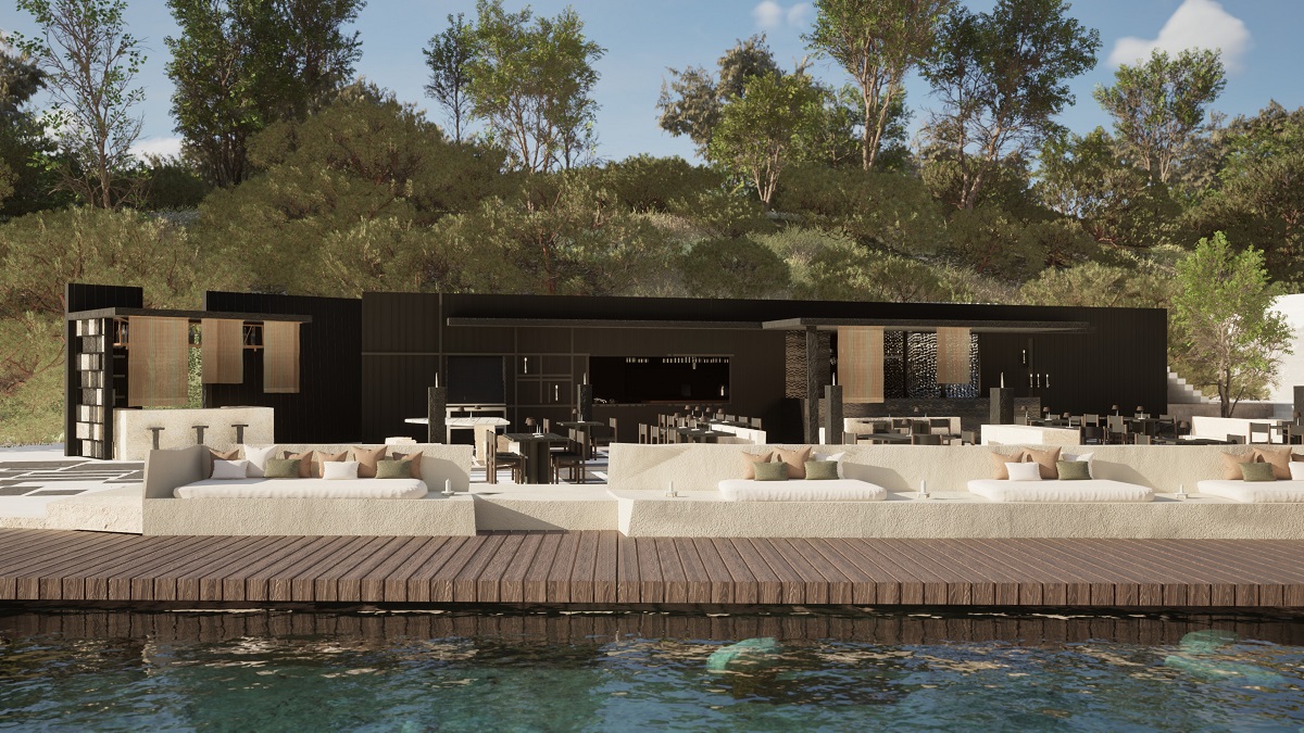 render of resort restaurant with view over pool and open air seating