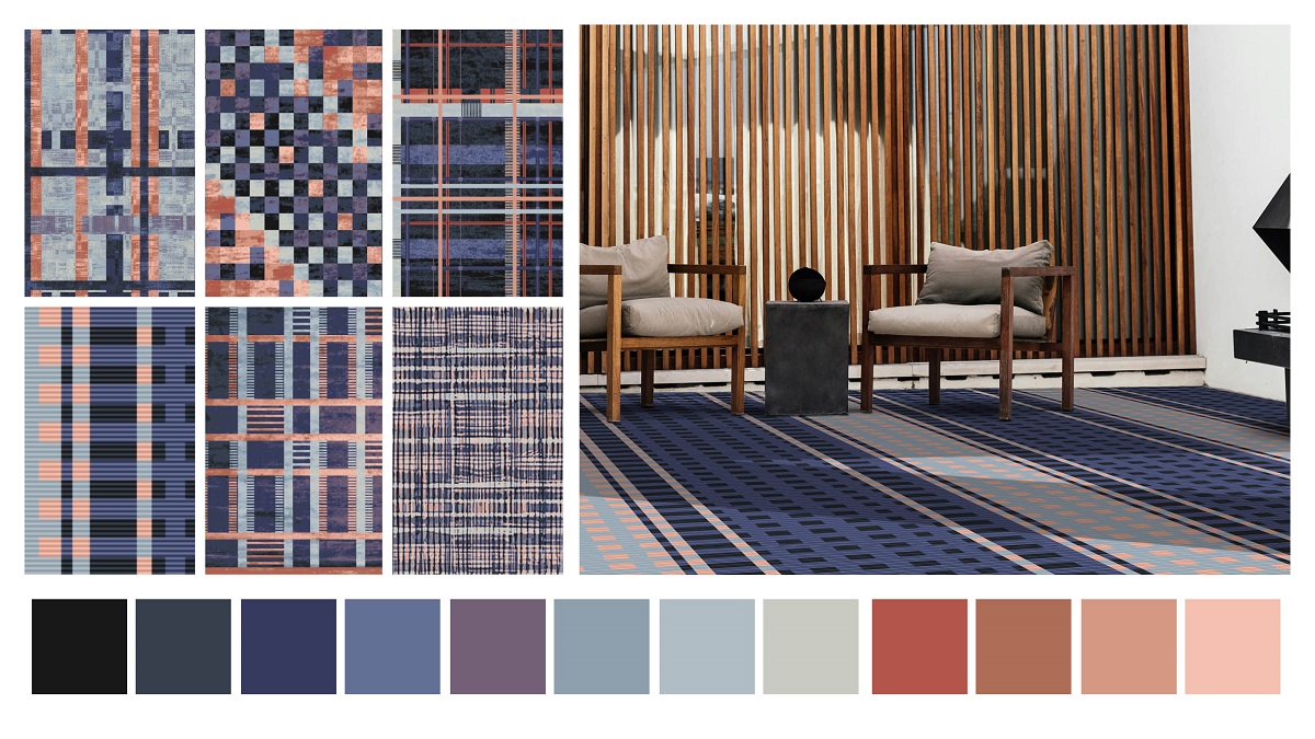 moodboard, colour palette and samples of Formation carpet designs