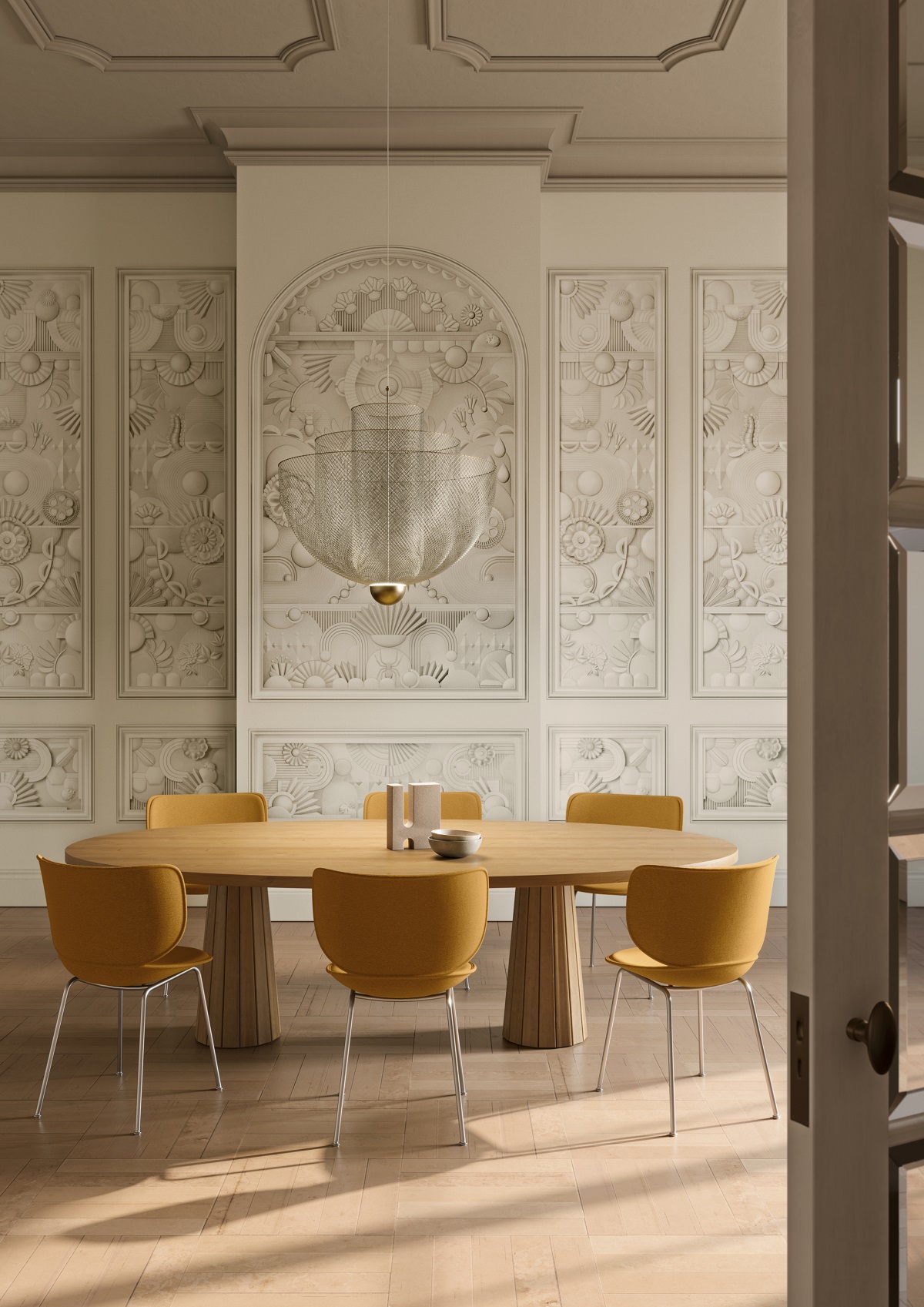 contemporary table and chairs in front of period inspired wallcovering from Arte