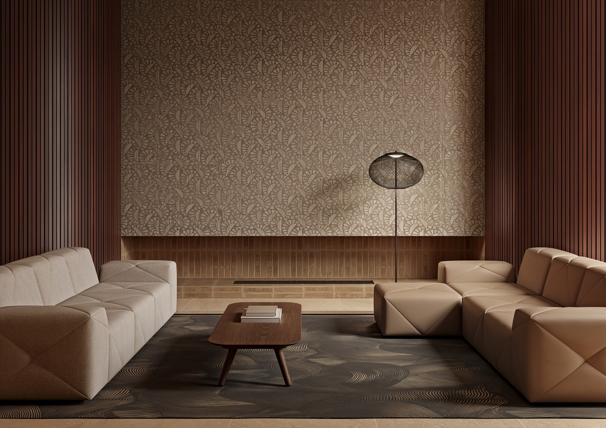 woodblock beetle wallcovering behind a cream and a brown couch in room set