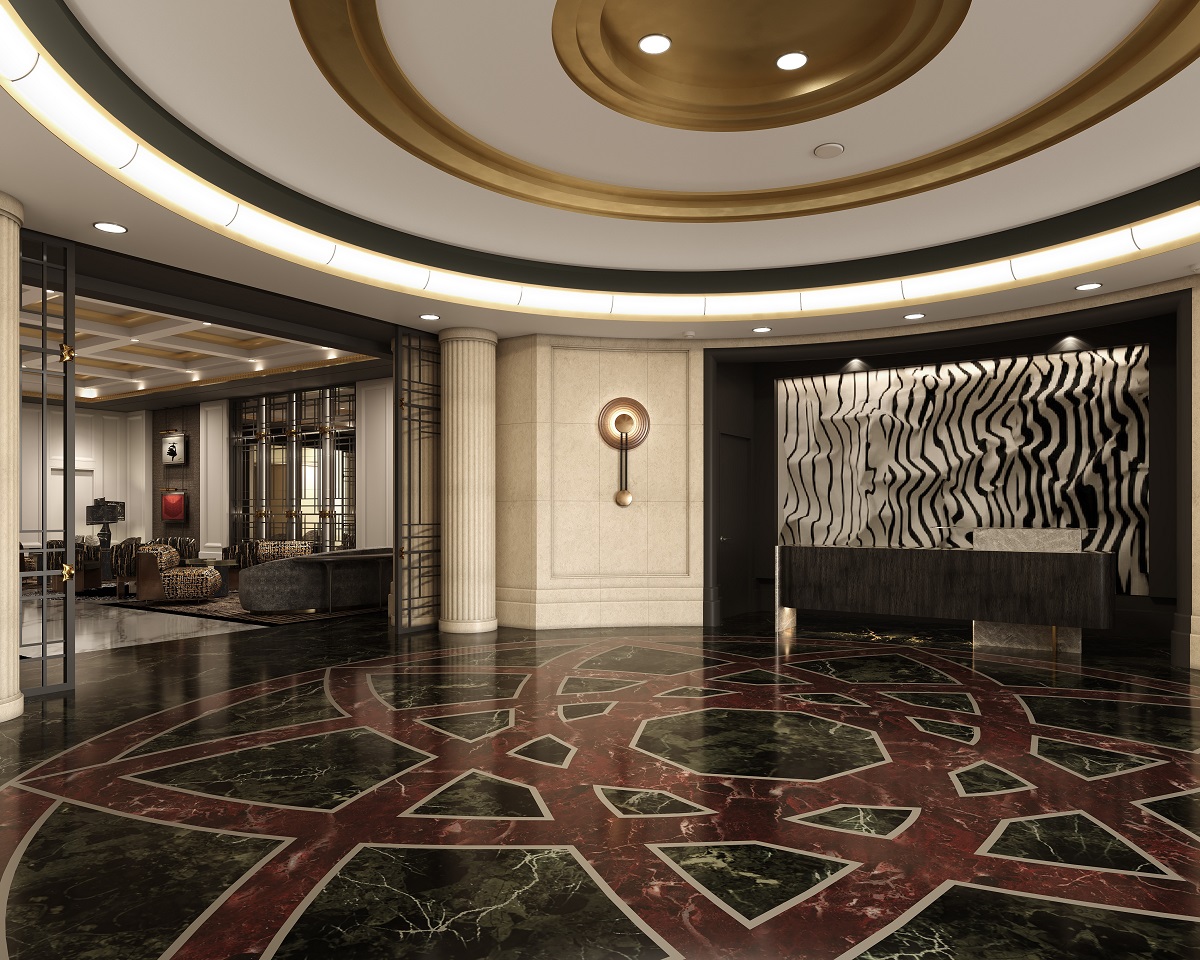 circular ceiling and marble patterned floor in entry lobby sofitel new york