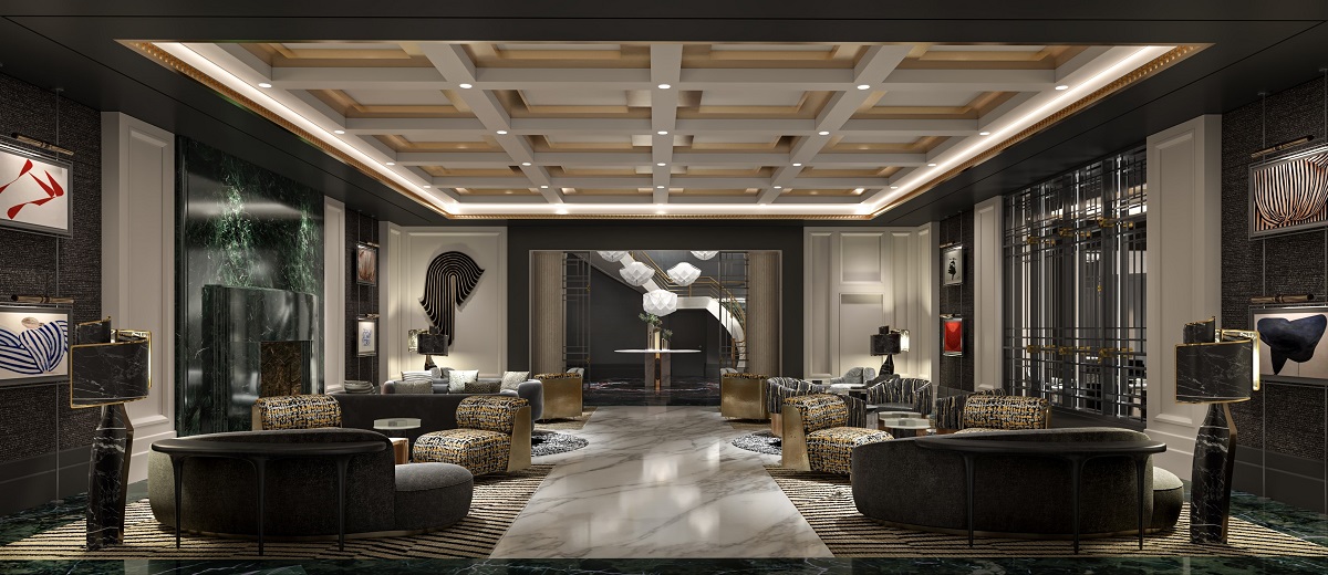 black and cream interior design in hotel lobby New York