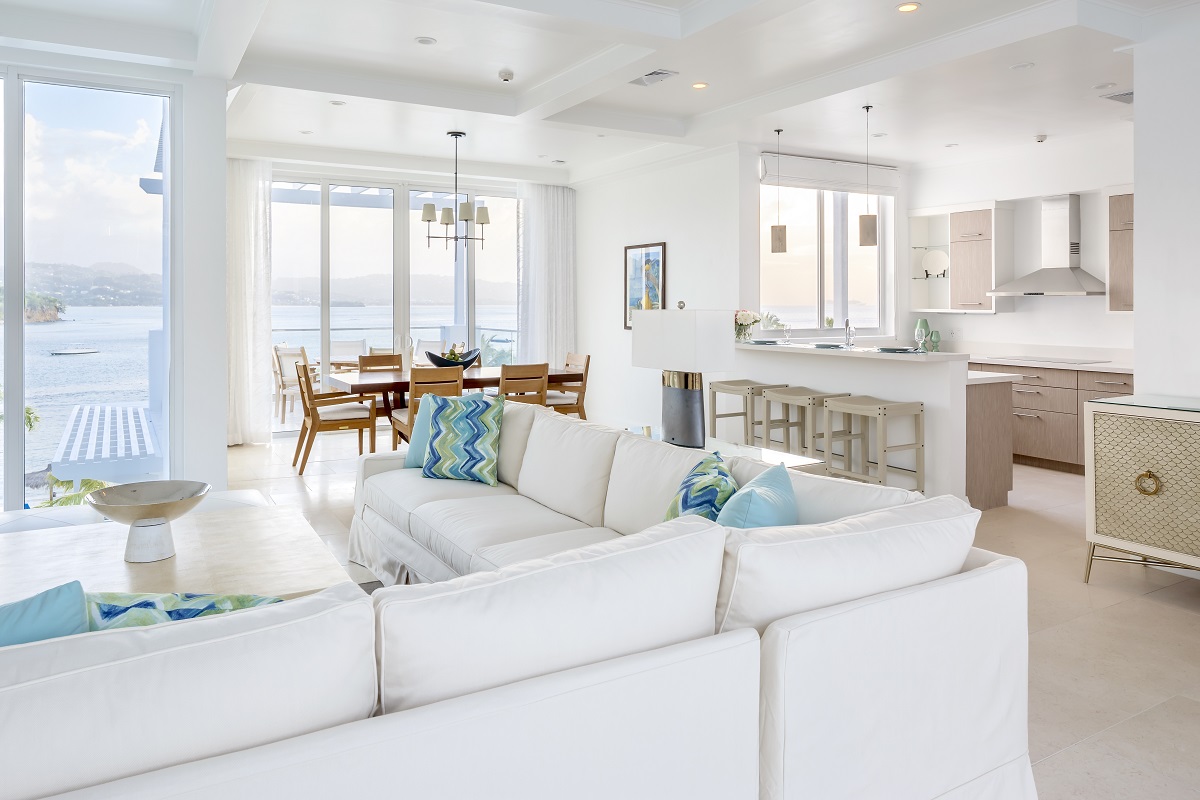 white and sea blue accents in ocean point residences in windjammer st lucia