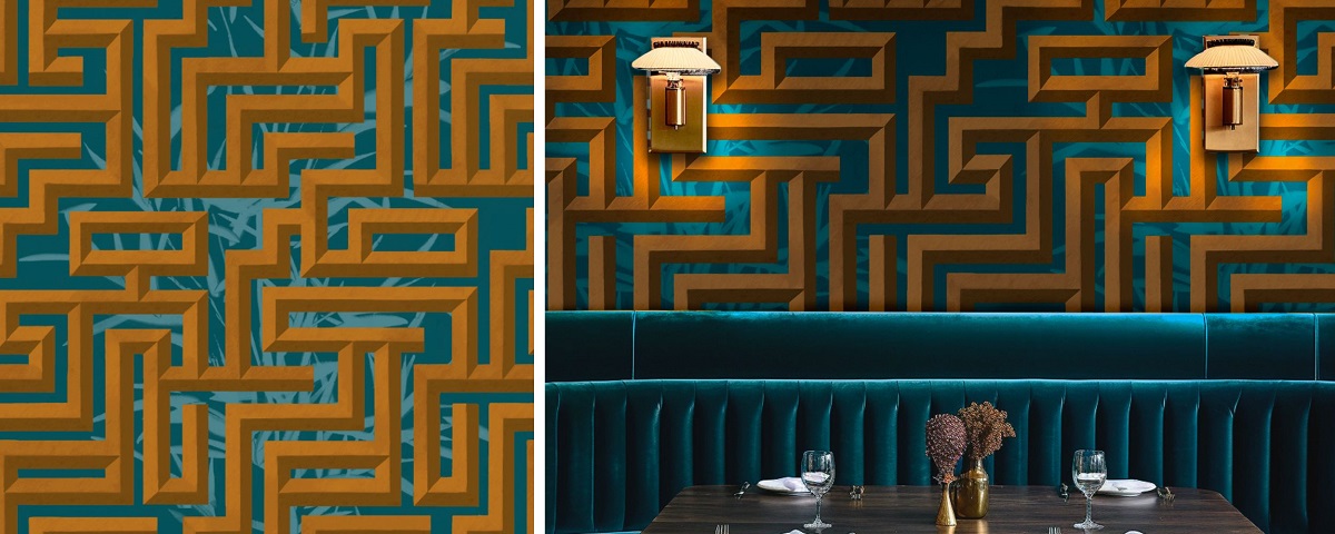 gold and teal vintage deco style wallpaper from Newmor