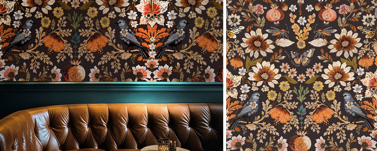 vintage floral wallpaper in brown, orange and greens