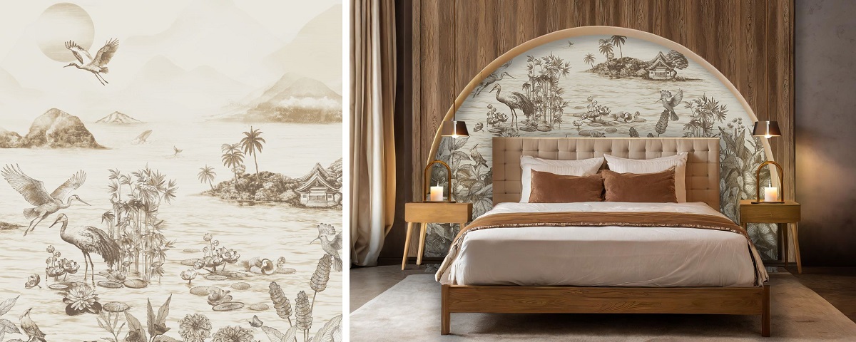 oriental inspired toile print on bedhead