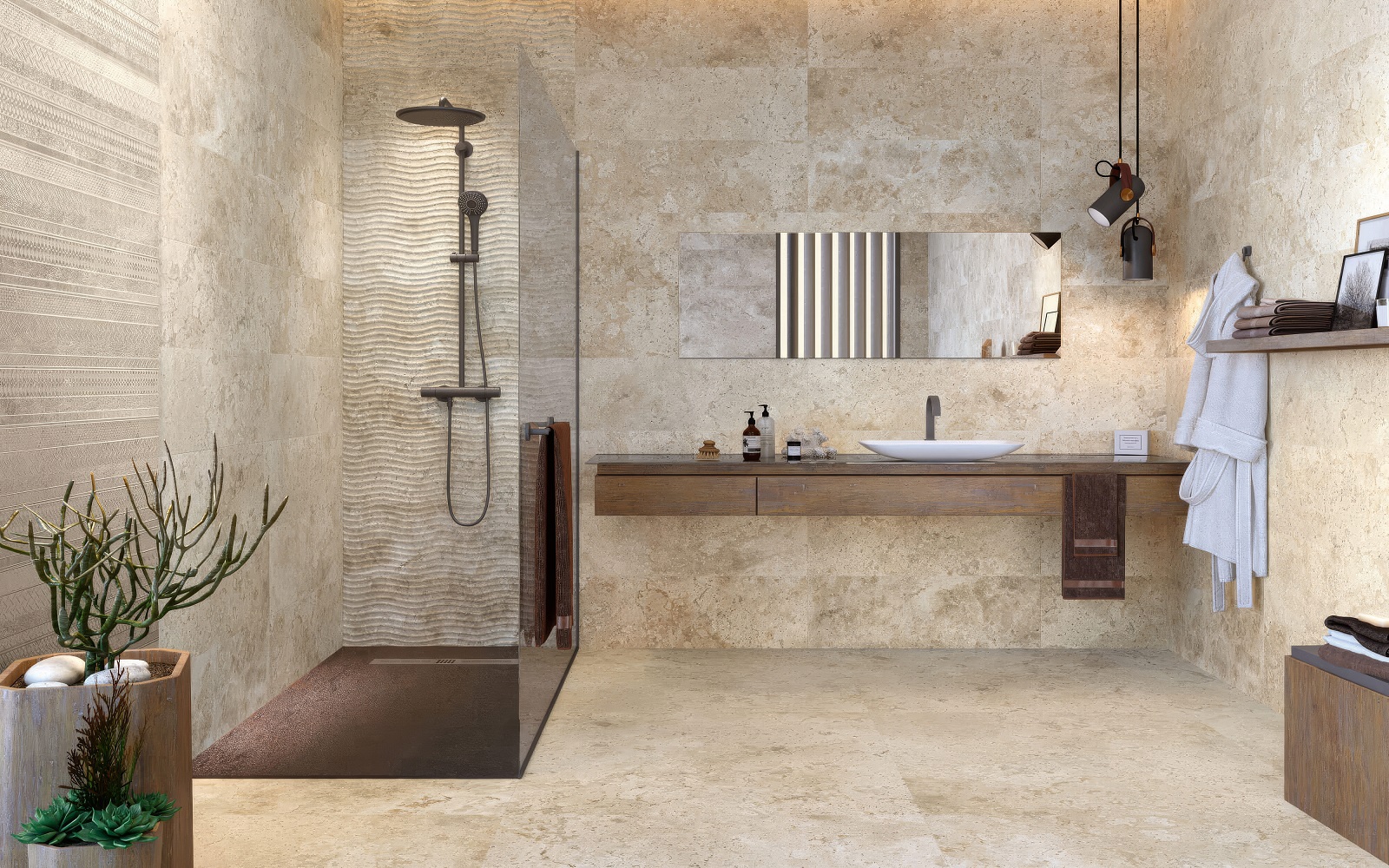 bathroom with natural stone colours and textures in large format tiles on floor and walls from Hyperion Tiles
