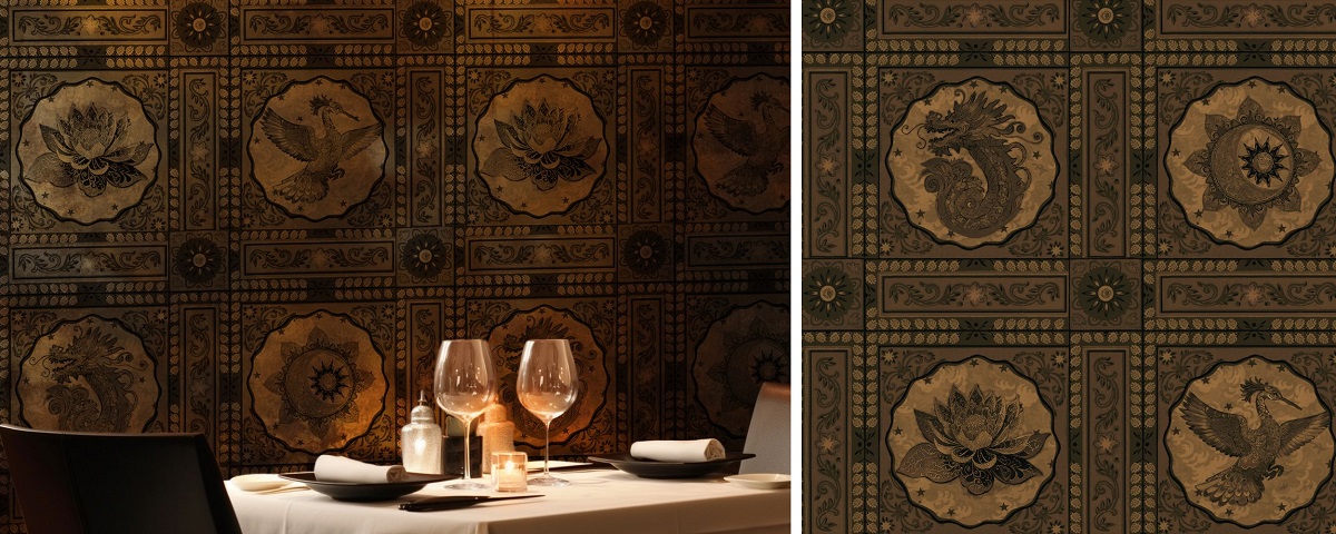 gold and black medallion wallpaper behind table with wine glasses