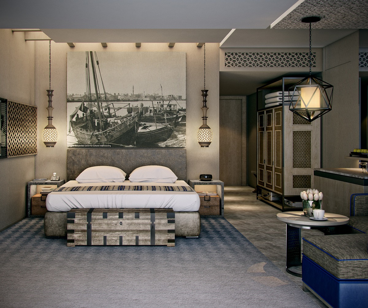 guestroom with design references to boating history of dubai location