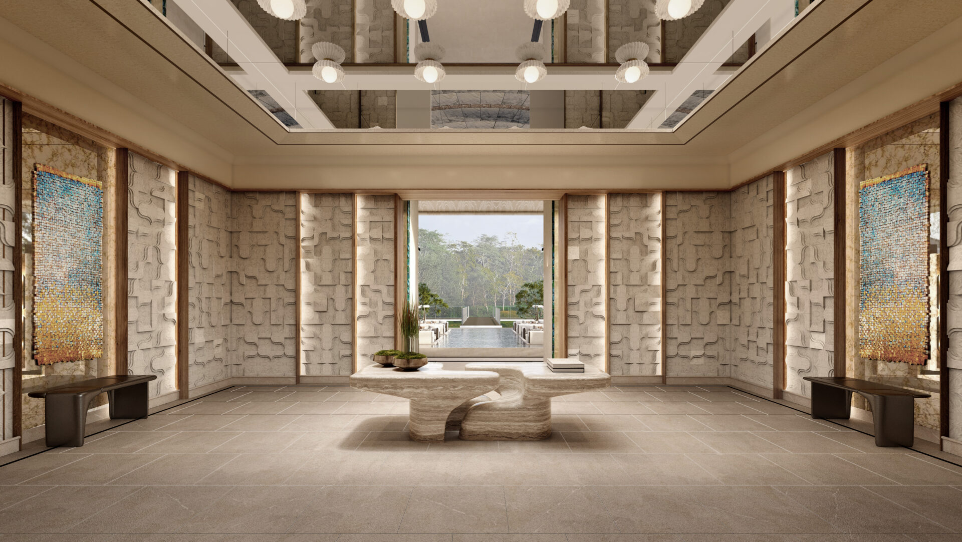 stonework walls and minimalist design in hotel entrance and lobby by 1508