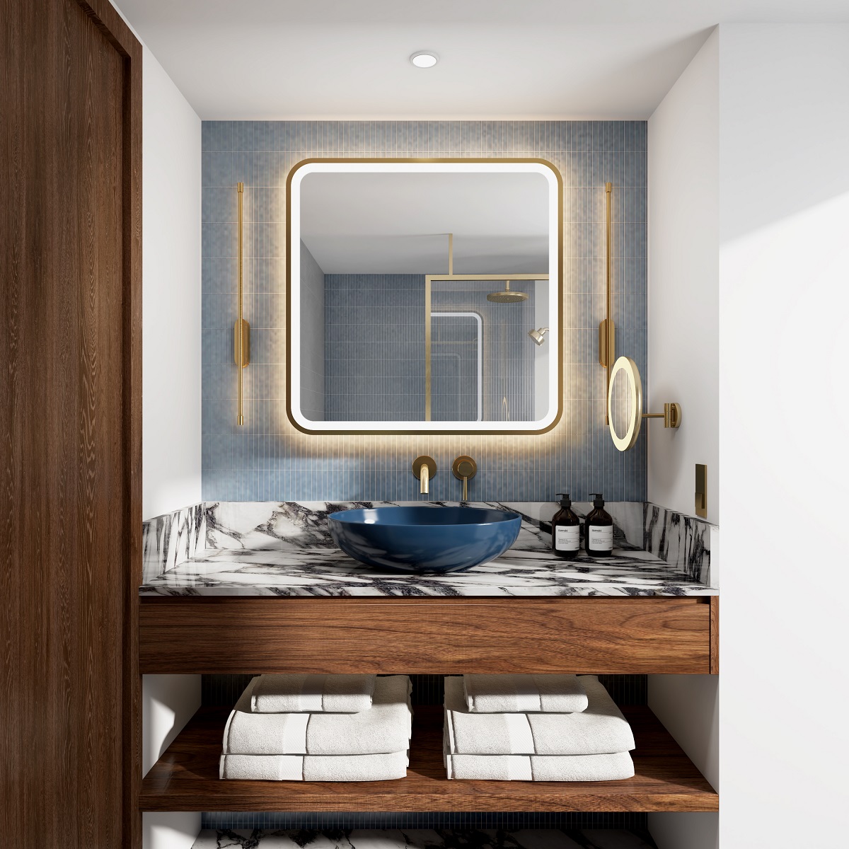 square backlit bathroom mirror above basin and vanity