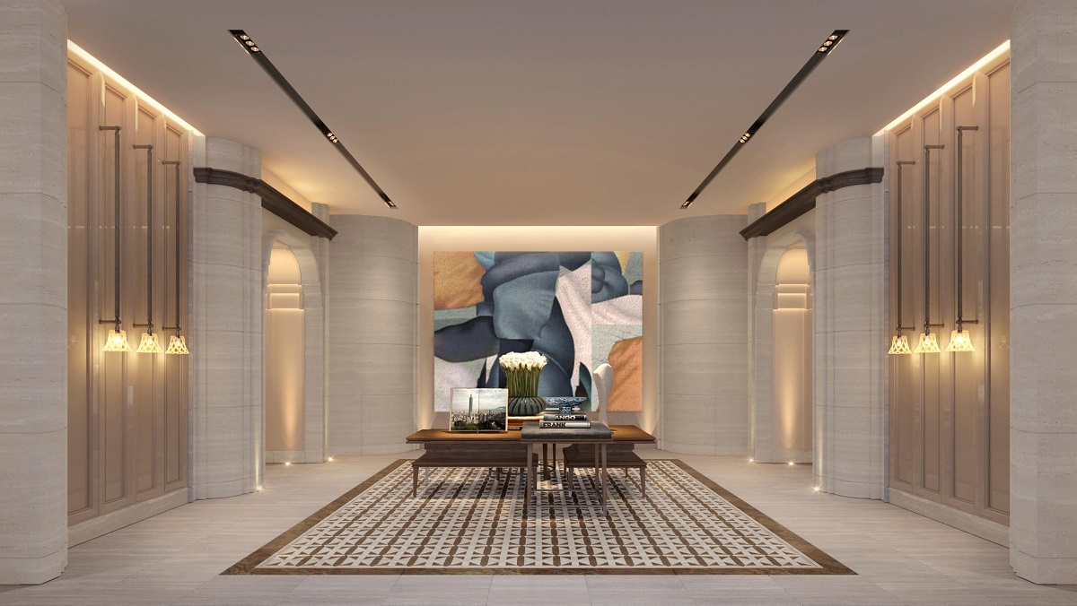 arrival lobby at Capella Taipei with architectural lighting and abstract painting behind the reception desk