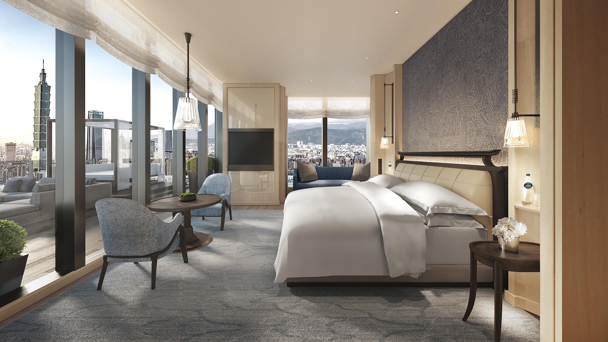 Capella Taipei guestroom with panoramic view over the city