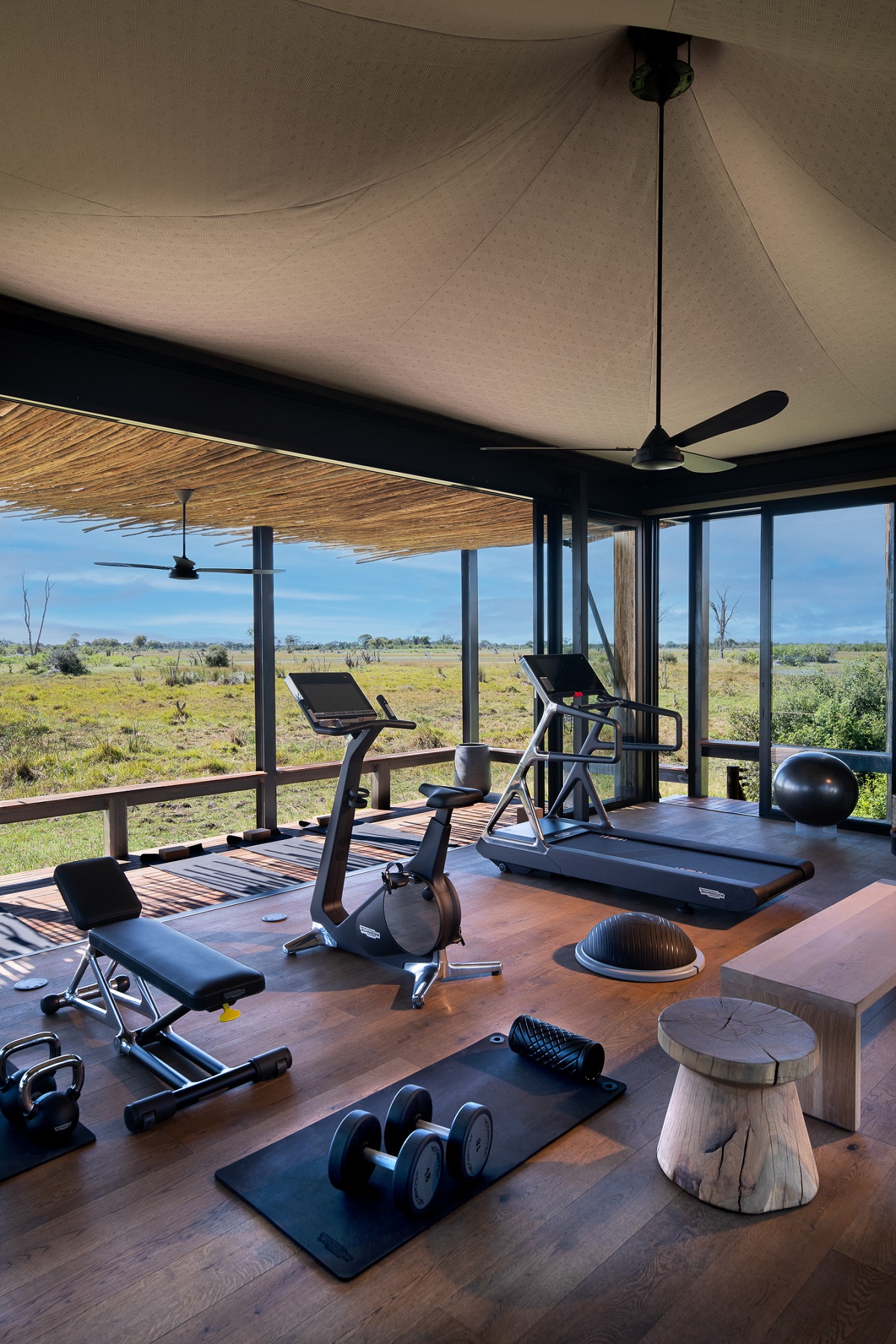 gym in safari camp with views of wildlife