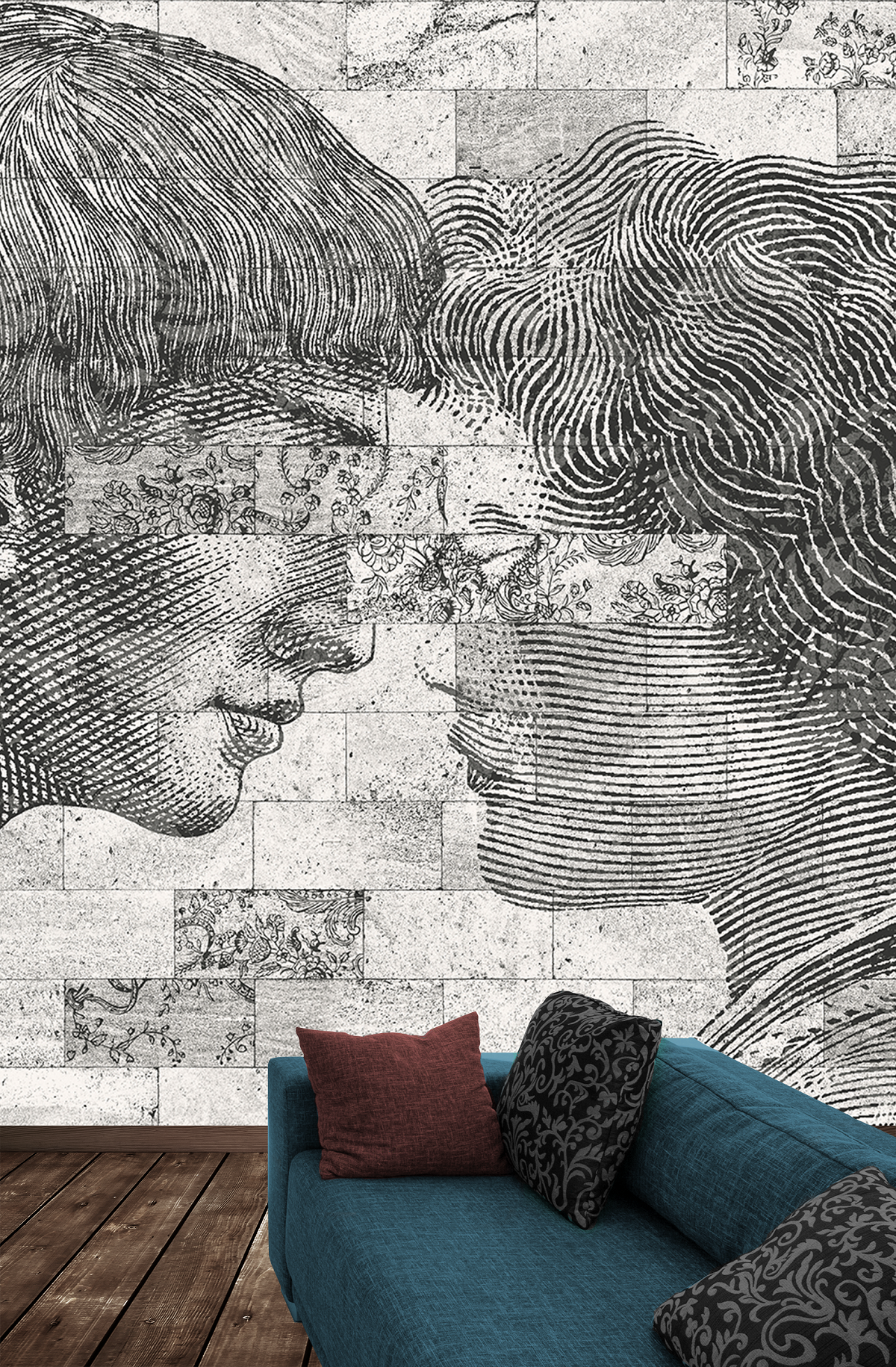 black and white line drawing portraits wallcovering